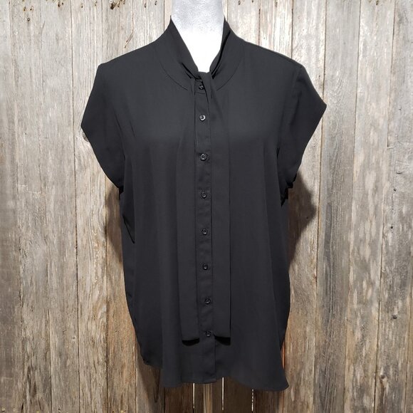 Calvin Klein Women's Top Blouse Black Tie Neck Button Front Cap Sleeve Sheer - Picture 1 of 6